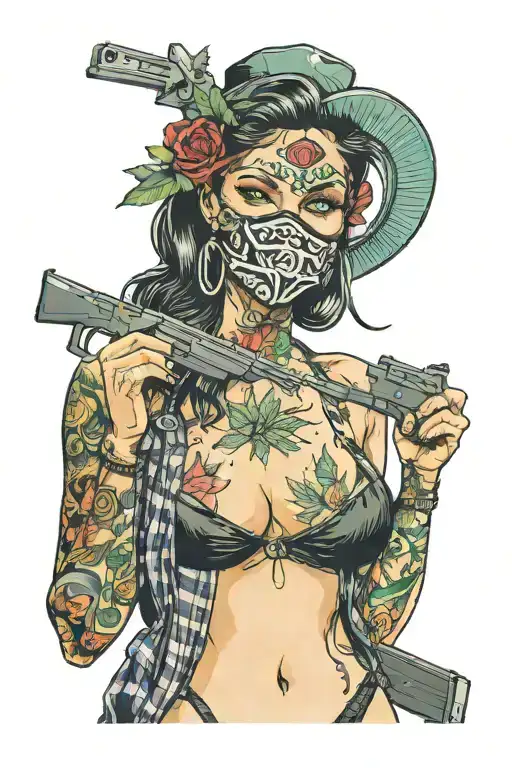 girls in bikini with ski mask and guns smoking weed tattoo design idea