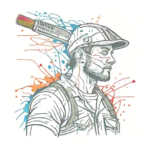 A sketch style tattoo of a race car driver holding a paintbrush, with colorful paint splatters behind them tattoo design idea