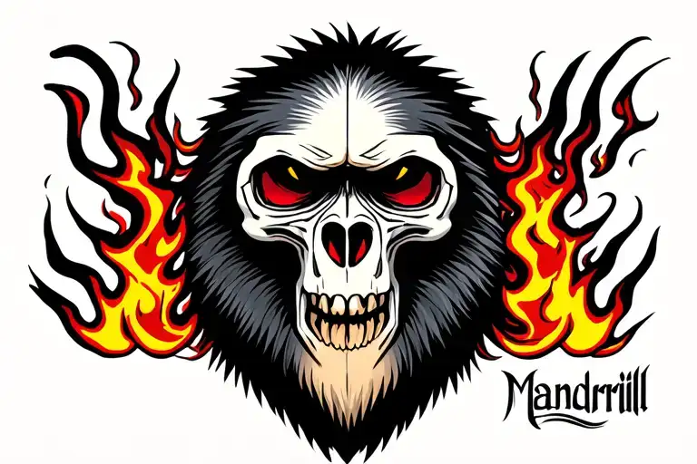 MANDRILL SKULL WITH FLAMES tattoo design idea