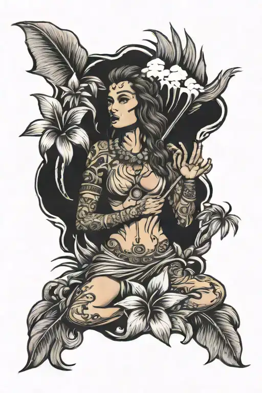 volcano with hula girl tattoo design idea