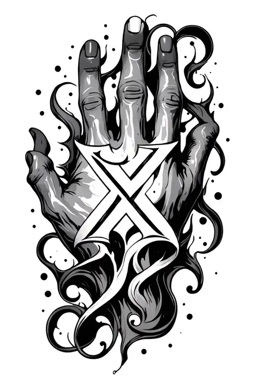 Black ink abstract hand tattoo with surreal flowing lines, dissolving "X" letters embedded into design, high detail, dot tattoo design idea