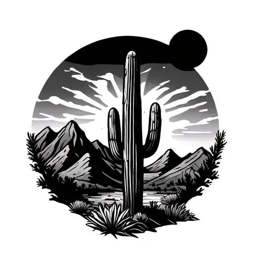 arizona mountains with cactus and sun  tattoo design idea