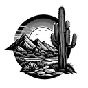 arizona mountains with cactus and sun  tattoo design idea