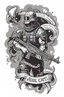 A modern soldier with a scythe and an ak47 with a distorted smoke or shadow background and the text mors vincit omni tattoo design idea