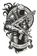 A modern soldier with a scythe and an ak47 with a distorted smoke or shadow background and the text mors vincit omni tattoo design idea