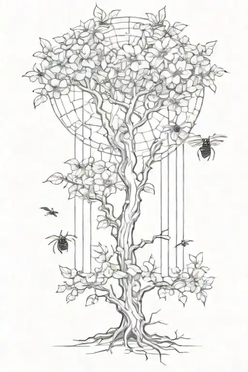 Flower tree with spider webs falling Icarus tattoo design idea