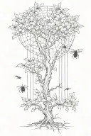 Flower tree with spider webs falling Icarus tattoo design idea