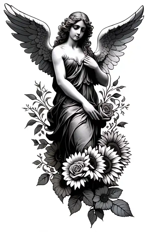 A large angel going up from the wrist to the elbow as the main price with small roses and sunflowers as accents tattoo design idea