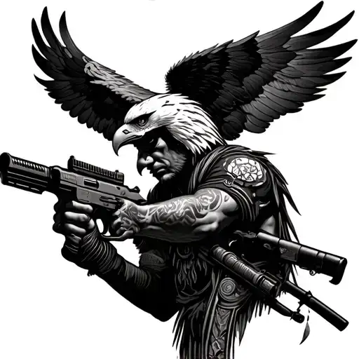 eagle wings above african warrior holding machine gun and iphone tattoo design idea