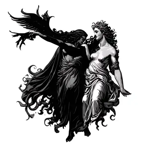 greek mythology focus on hades and persephone reaching fine line tattoo design idea