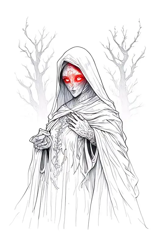 the Warden she is, non-human, solemn figure that emerges from the fog to watch over memories, loss. red eye glows  tattoo design idea
