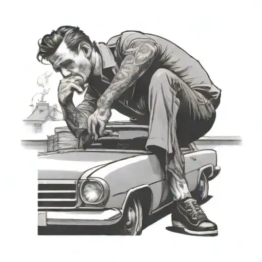 A man fell on the roof of a car and lies there smoking a cigarette tattoo design idea