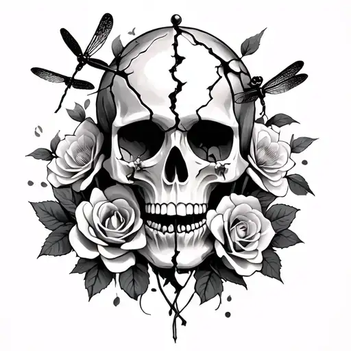 gothic broken skull, roses and cherry blossoms with dragonfly tattoo design idea