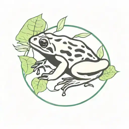 "green and black poison dart frog" surrounded by a circle of pothos leaves tattoo design idea
