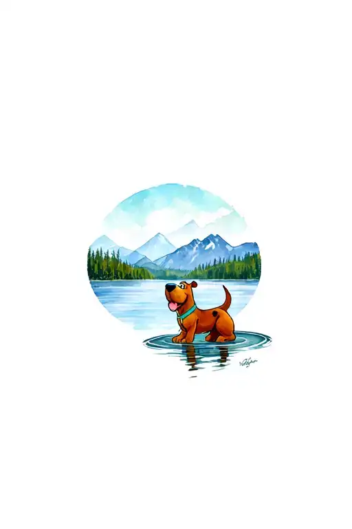 scooby doo on a lake surrounded by mountains tattoo design idea