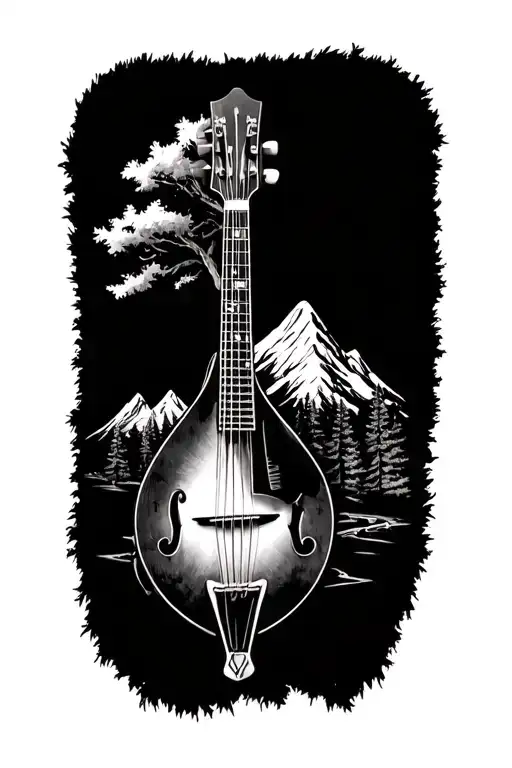 Mandolin mixed in with an outdoor tree and mountain scene tattoo design idea