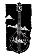 Mandolin mixed in with an outdoor tree and mountain scene tattoo design idea