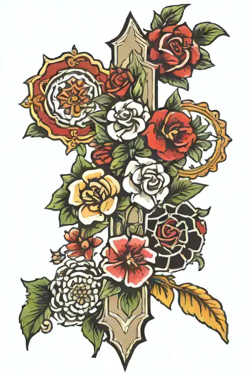 Cross and Flower mixed tattoo design idea