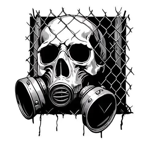 skull wearing gas mask behind fence negative space tattoo design idea