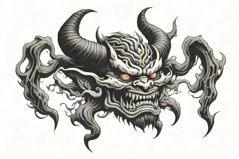 Japanese Oni Demon representing loneliness and insanity, with haunting features and swirling shadows. tattoo design idea