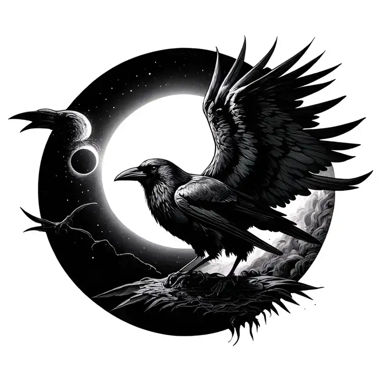 solar eclipse, biohazard, dark crows tattoo design idea