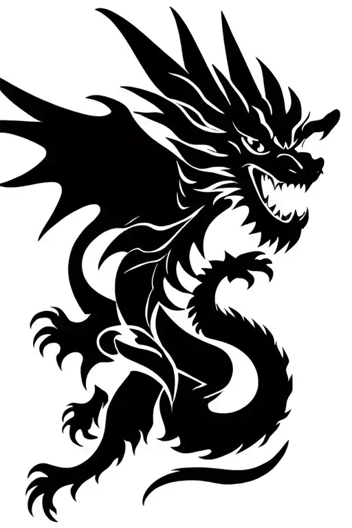 A polynesian tribal tattoo, image of a dragon with wings spread, inside the dragon is the outline of a dog tattoo design idea