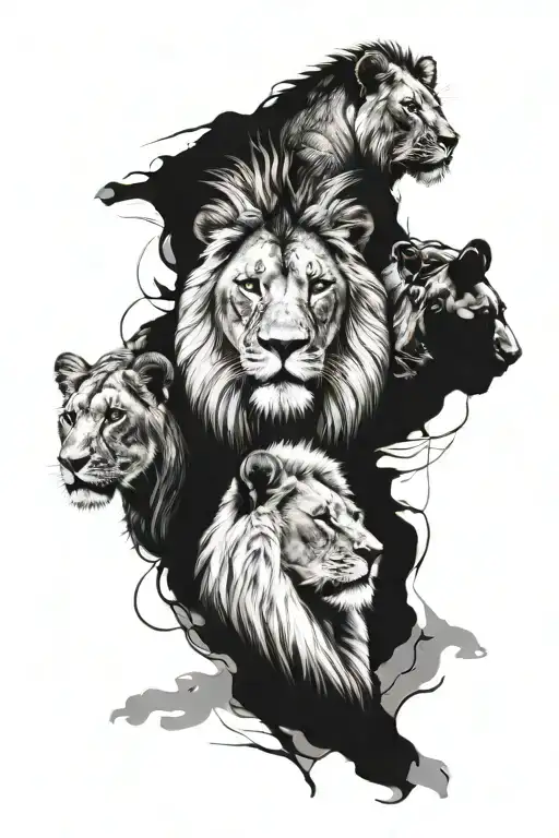 lion, lioness, 4 cubs face only tattoo design idea