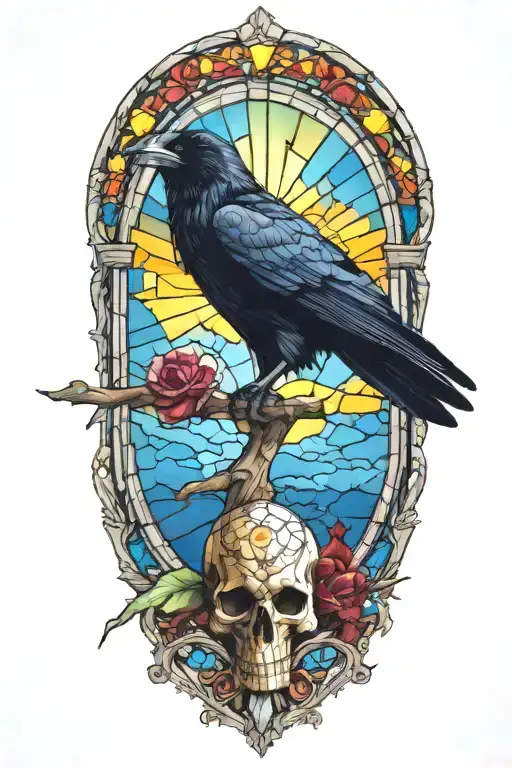 One raven in flight with skull in its claw with stained glass background bright sun colors on the background tattoo design idea