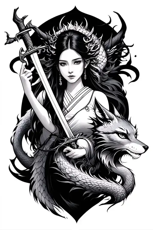 make a tattoo with japanese woman holding sword, beneath her a dragon, under a kitsune fox spirit with multiple tails tattoo design idea