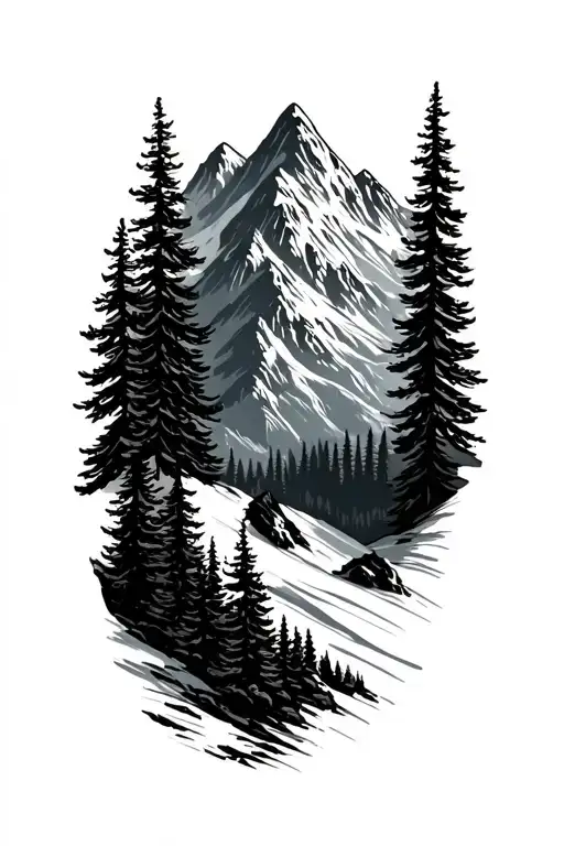 mountain peaks with pine trees tattoo design idea