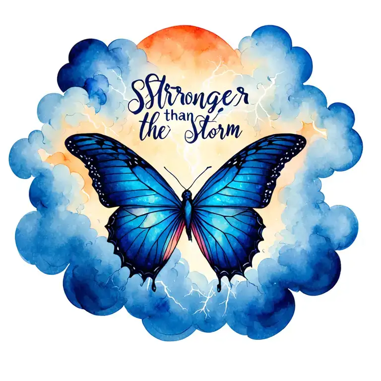 "Stronger than the storm" butterfly emerging from storm clouds forming the shape lightening tattoo design idea