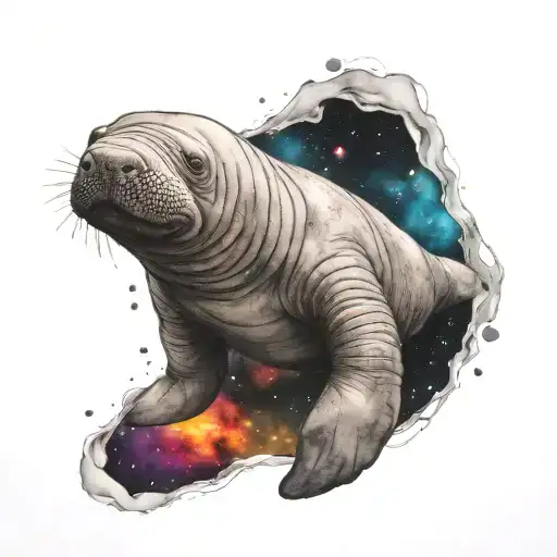 A realistic manatee floating in space tattoo design idea