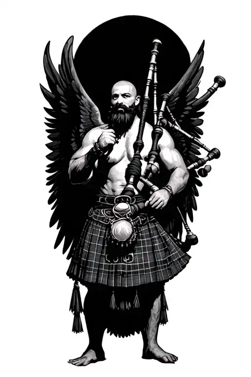 legless shirtless muscular bagpiper bald black beard playing bagpipes hoge black wings tattoo design idea