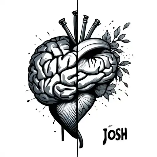 half brain half heart with word josh tattoo design idea
