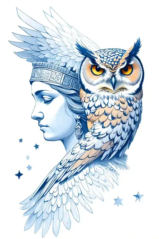 goddess athena and owl with stars background tattoo design idea