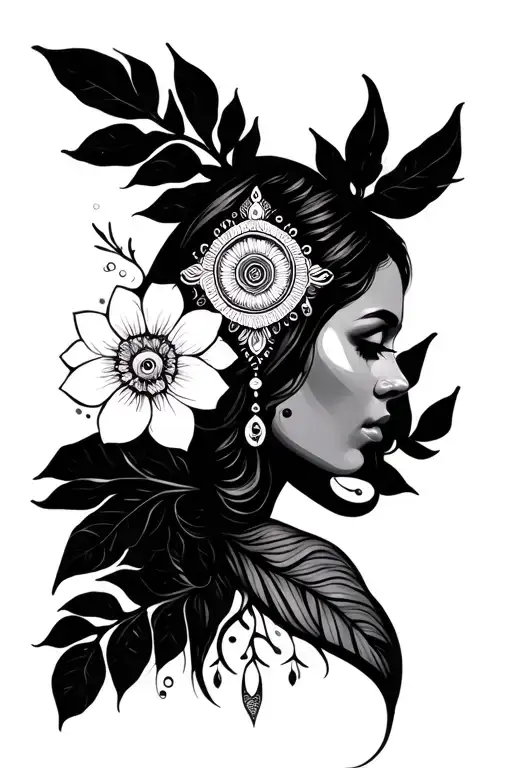 Colombian woman, chakra, flower large black leaves tattoo design idea