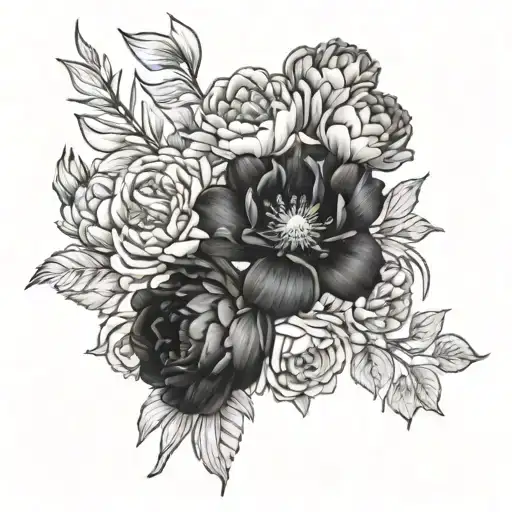 marigolds, cosmos, chrysanthemums, peonies, gladiolus, poppies, violets, irises, daffodils, jonquils - bouquet tattoo design idea