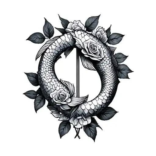 libra zodiac sign intertwined with pisces zodiac sign and roses tattoo design idea