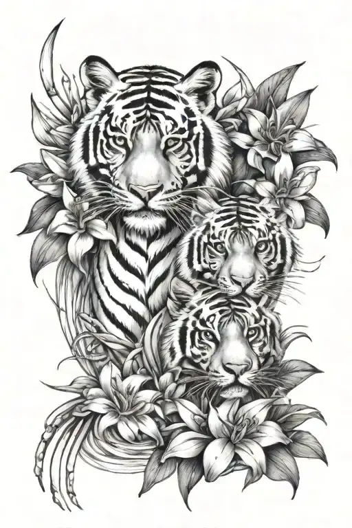waterfall, tiger cubs, Tiger lily flower tattoo design idea