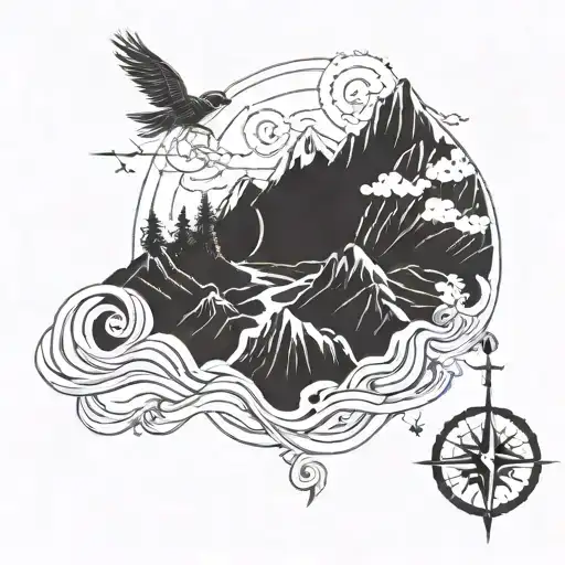 A mountain landscape with a winding path leading up to the summit, birds flying overhead, and a compass pointing the way, all in blackwork style tattoo design idea