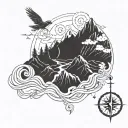 A mountain landscape with a winding path leading up to the summit, birds flying overhead, and a compass pointing the way, all in blackwork style tattoo design idea