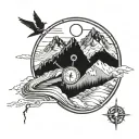 A mountain landscape with a winding path leading up to the summit, birds flying overhead, and a compass pointing the way, all in blackwork style tattoo design idea