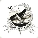 A mountain landscape with a winding path leading up to the summit, birds flying overhead, and a compass pointing the way, all in blackwork style tattoo design idea