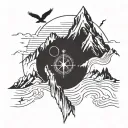A mountain landscape with a winding path leading up to the summit, birds flying overhead, and a compass pointing the way, all in blackwork style tattoo design idea