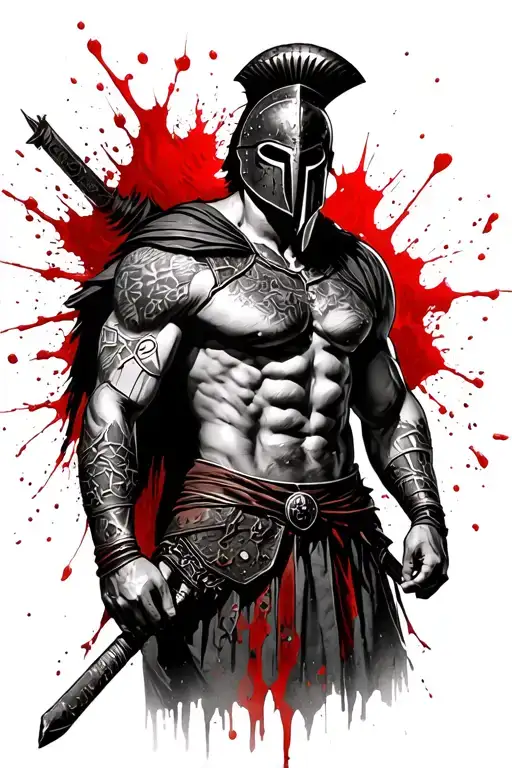 defiant spartan warrior blood spatter full body tattoo design idea