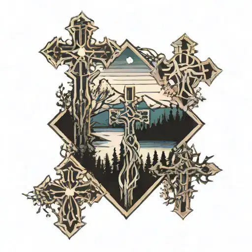 3 crosses with trees a river and mountains in the backgrounds tattoo design idea