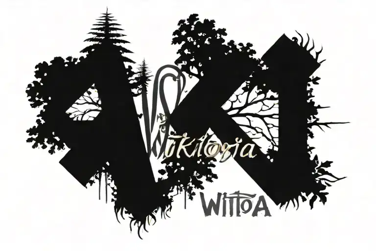 Name "Wiktoria" and Date 21 12 2024 written in goth caligraphical way with geometrical trees around tattoo design idea
