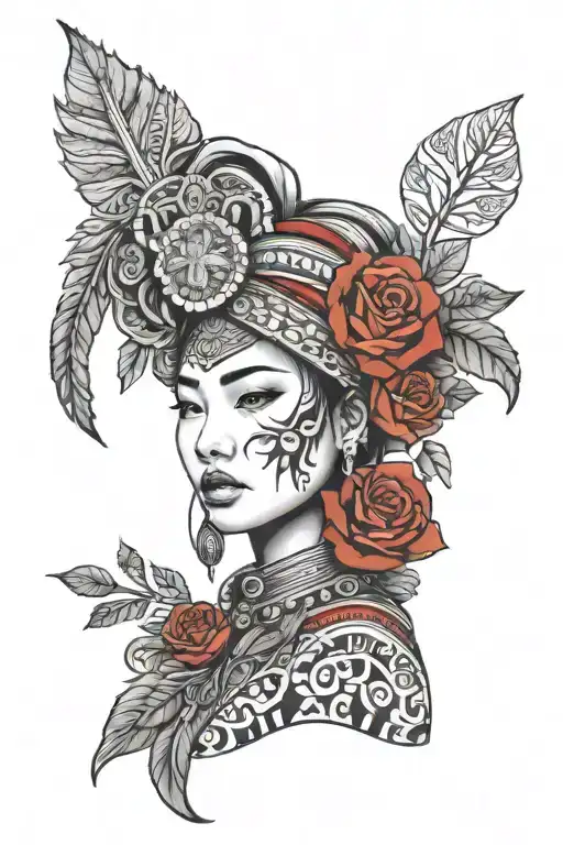 red roses wrapped Beautiful Hmong girl face and headdress and Hmong Symbols in the background  tattoo design idea