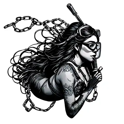 scuba diver mer maid girl in chains tattoo design idea