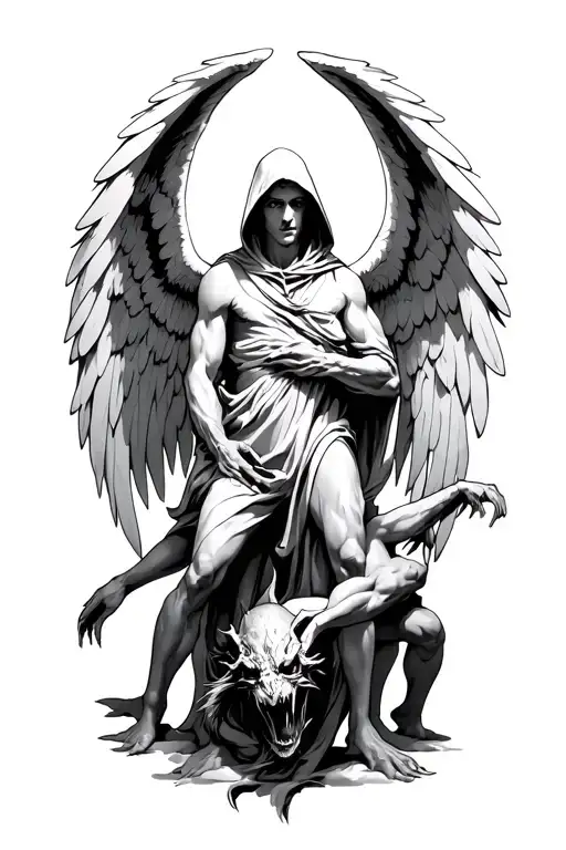 hooded arch angel defeating a demon tattoo design idea
